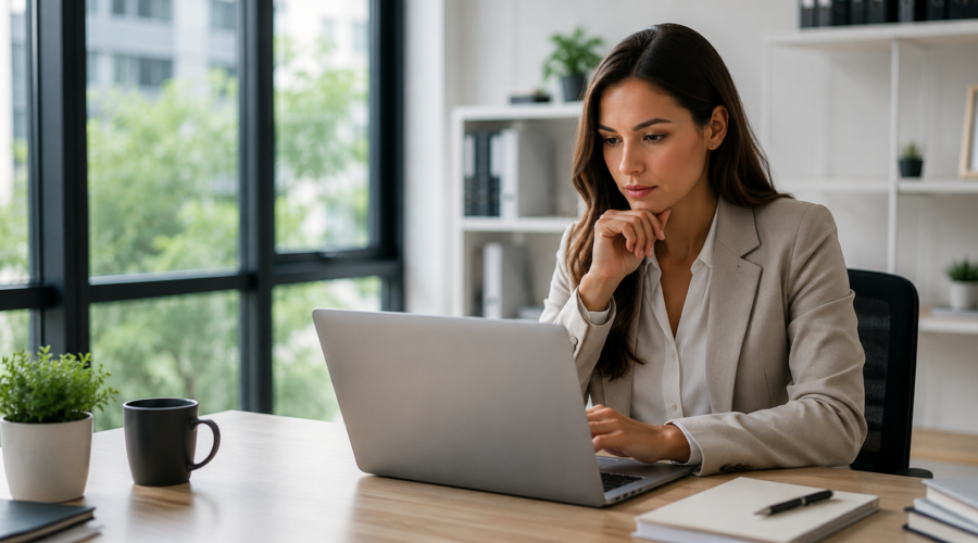 A photorealistic 1200 × 628 image showing a professional job candidate sitting at a desk, thoughtfully writing or reviewing a customized cover letter on a laptop, with a printed resume beside it. The setting is a modern, bright office with a polished, professional atmosphere that conveys preparation and confidence.
